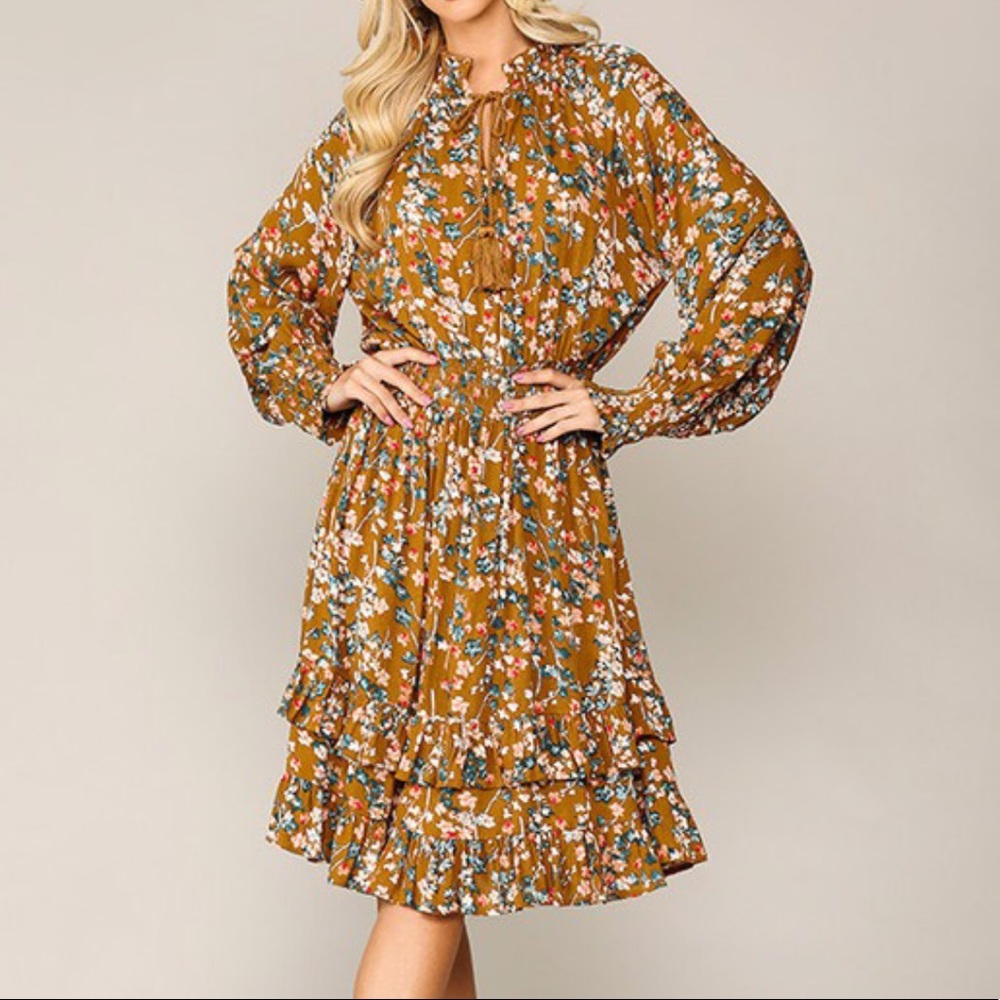 NWT Dark Mustard Yellow Floral Ruffle Dress